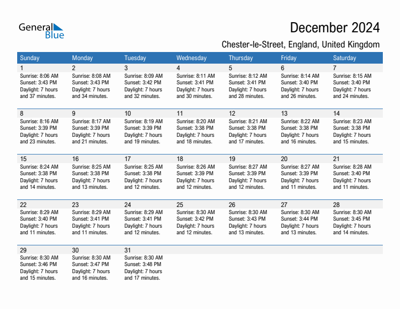 Chester-le-Street December 2024 sunrise and sunset calendar in PDF, Excel, and Word