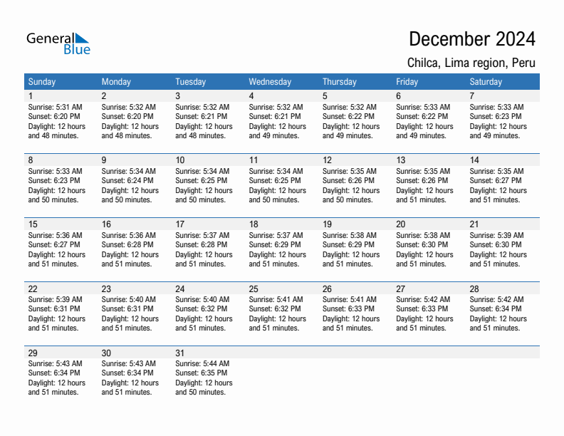 Chilca December 2024 sunrise and sunset calendar in PDF, Excel, and Word