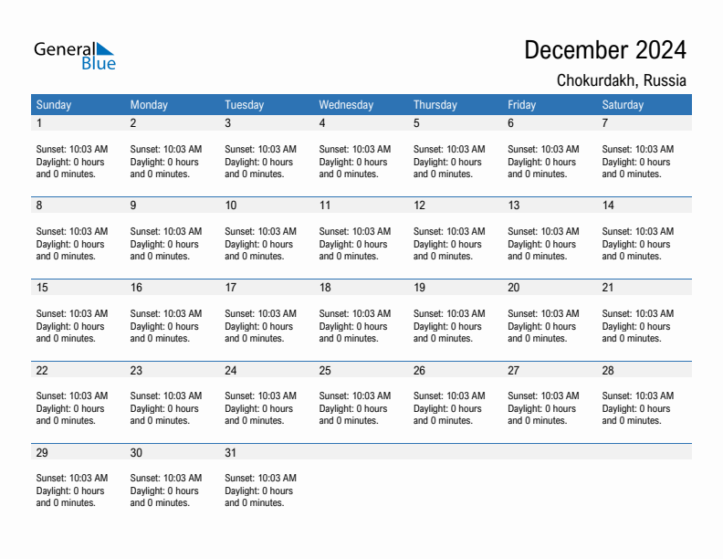 Chokurdakh December 2024 sunrise and sunset calendar in PDF, Excel, and Word