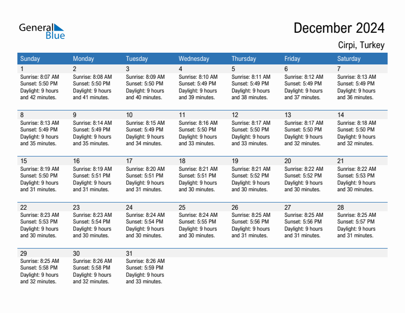 Cirpi December 2024 sunrise and sunset calendar in PDF, Excel, and Word