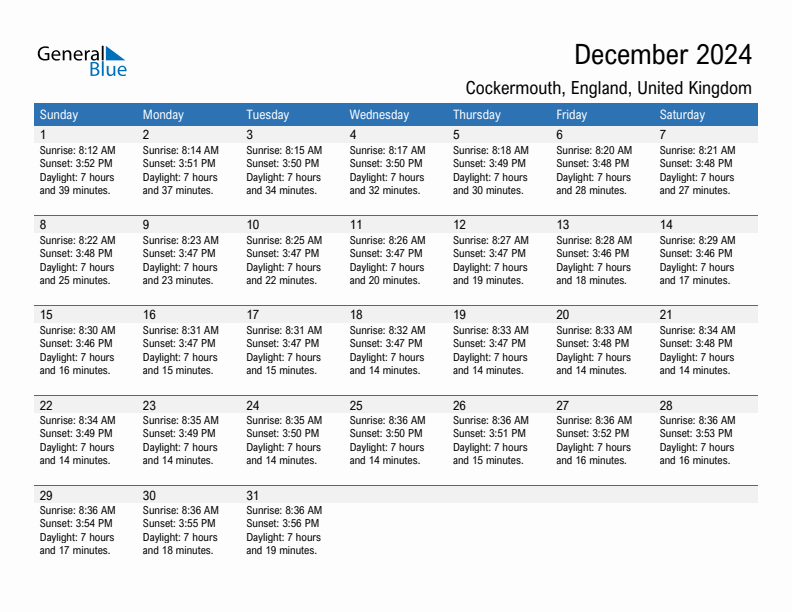 Cockermouth December 2024 sunrise and sunset calendar in PDF, Excel, and Word