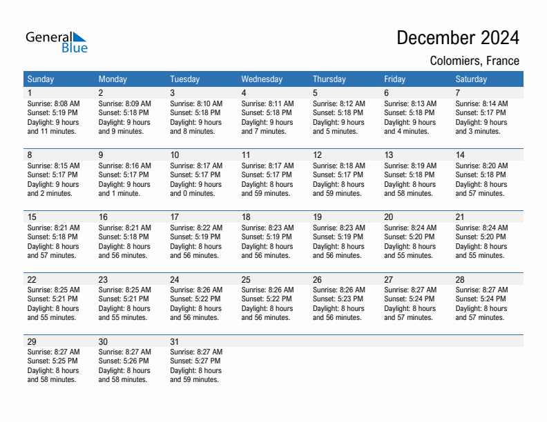 Colomiers December 2024 sunrise and sunset calendar in PDF, Excel, and Word