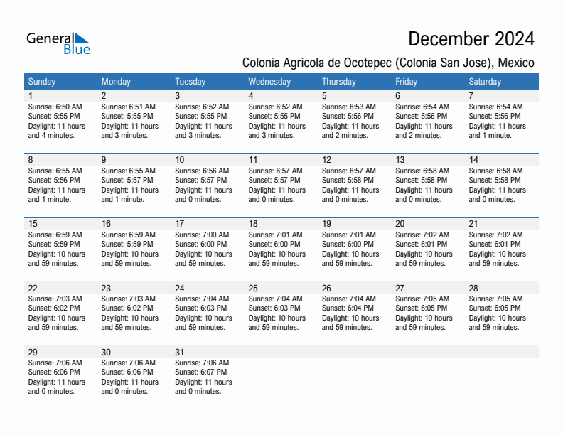 Colonia Agricola de Ocotepec (Colonia San Jose) December 2024 sunrise and sunset calendar in PDF, Excel, and Word