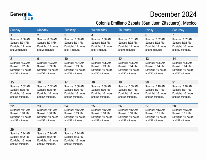 Colonia Emiliano Zapata (San Juan Zitacuaro) December 2024 sunrise and sunset calendar in PDF, Excel, and Word