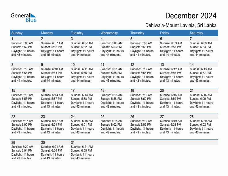 Dehiwala-Mount Lavinia December 2024 sunrise and sunset calendar in PDF, Excel, and Word