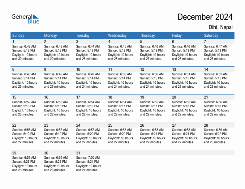 Dihi December 2024 sunrise and sunset calendar in PDF, Excel, and Word