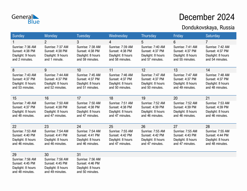 Dondukovskaya December 2024 sunrise and sunset calendar in PDF, Excel, and Word