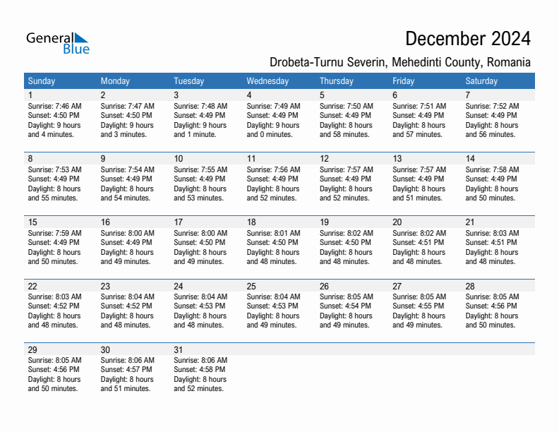 Drobeta-Turnu Severin December 2024 sunrise and sunset calendar in PDF, Excel, and Word