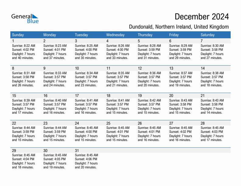 Dundonald December 2024 sunrise and sunset calendar in PDF, Excel, and Word