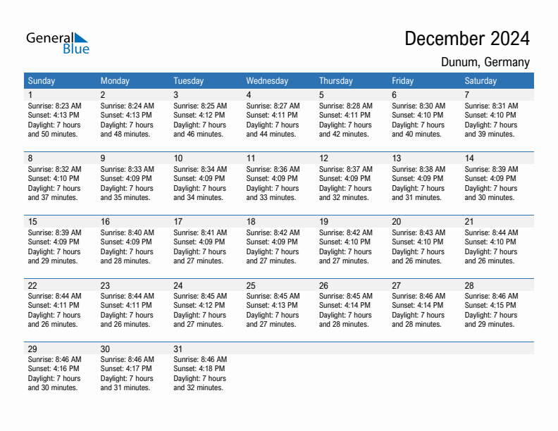 Dunum December 2024 sunrise and sunset calendar in PDF, Excel, and Word