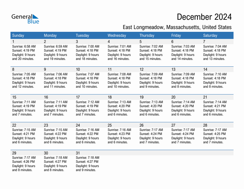 East Longmeadow December 2024 sunrise and sunset calendar in PDF, Excel, and Word