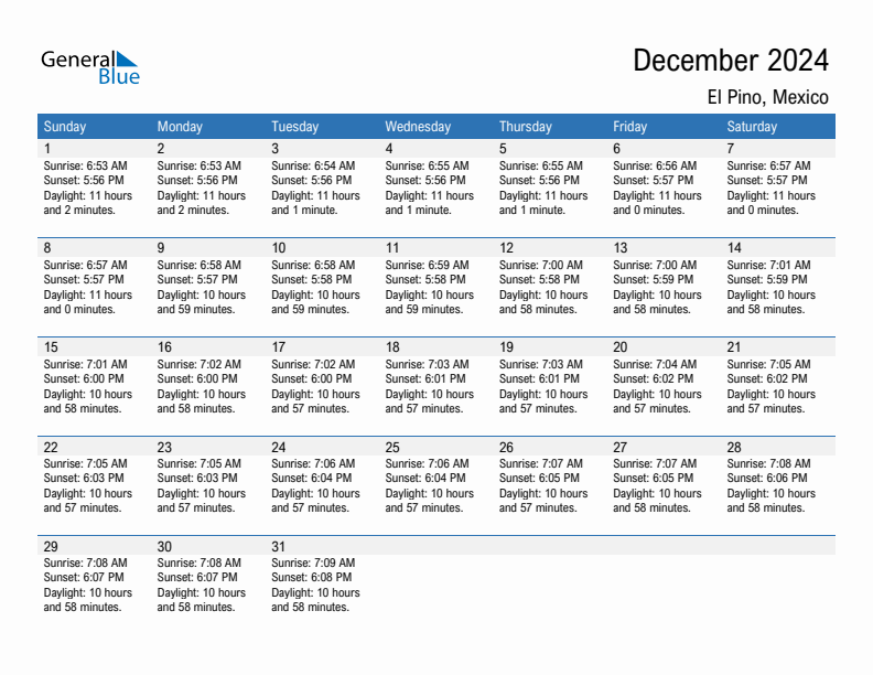 El Pino December 2024 sunrise and sunset calendar in PDF, Excel, and Word