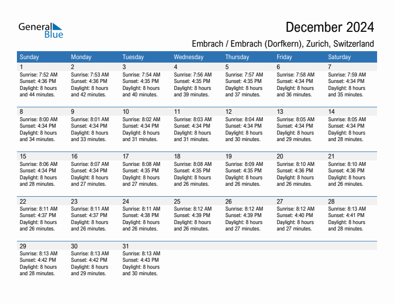 Embrach / Embrach (Dorfkern) December 2024 sunrise and sunset calendar in PDF, Excel, and Word