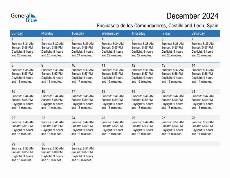 Encinasola de los Comendadores December 2024 sunrise and sunset calendar in PDF, Excel, and Word