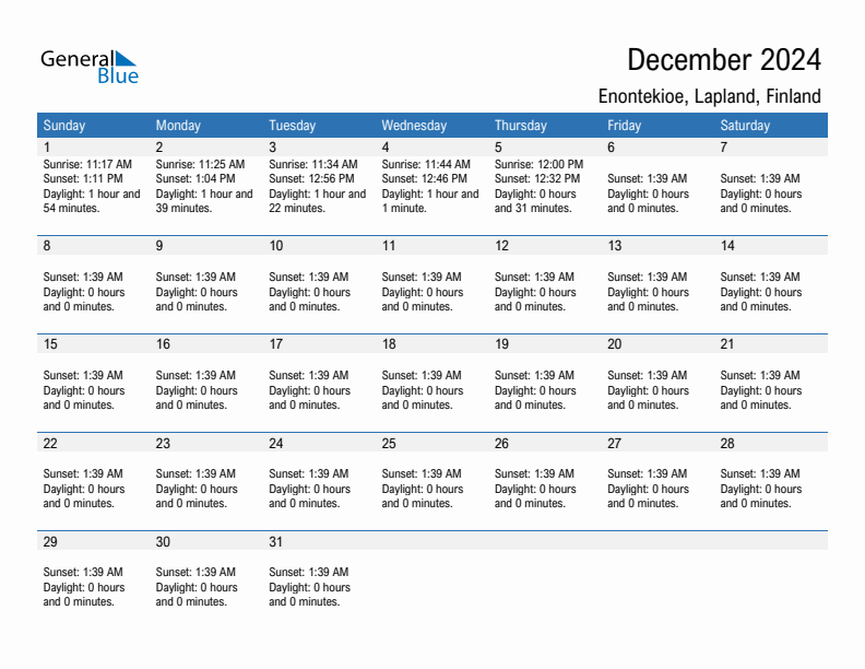 Enontekioe December 2024 sunrise and sunset calendar in PDF, Excel, and Word