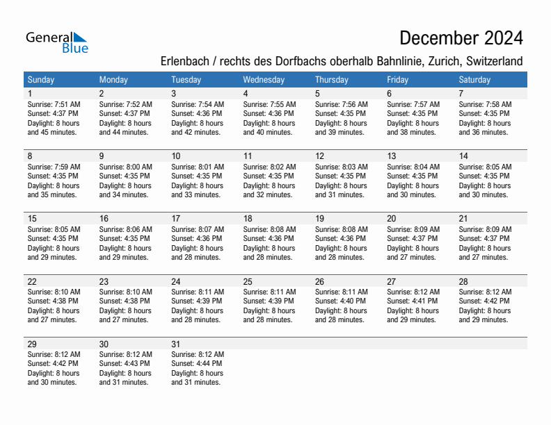 Erlenbach / rechts des Dorfbachs oberhalb Bahnlinie December 2024 sunrise and sunset calendar in PDF, Excel, and Word