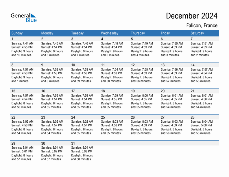 Falicon December 2024 sunrise and sunset calendar in PDF, Excel, and Word