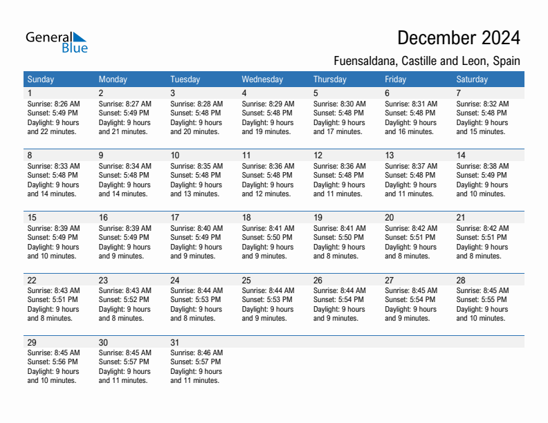 Fuensaldana December 2024 sunrise and sunset calendar in PDF, Excel, and Word