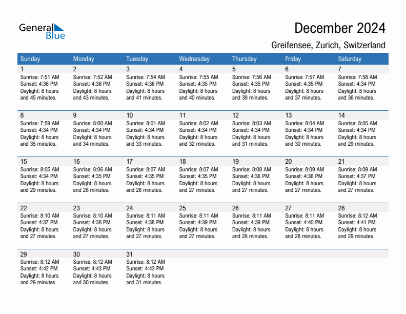 Greifensee December 2024 sunrise and sunset calendar in PDF, Excel, and Word