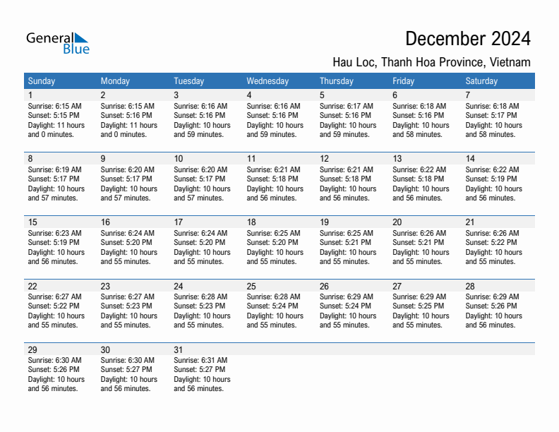 Hau Loc December 2024 sunrise and sunset calendar in PDF, Excel, and Word