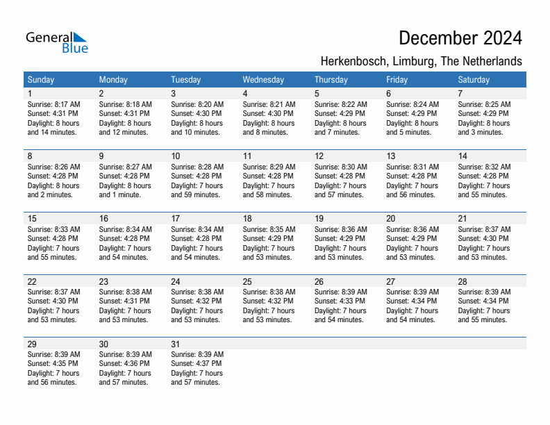 Herkenbosch December 2024 sunrise and sunset calendar in PDF, Excel, and Word