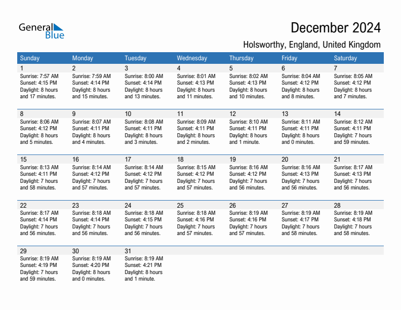 Holsworthy December 2024 sunrise and sunset calendar in PDF, Excel, and Word