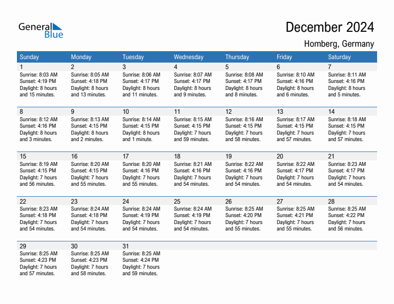 Homberg December 2024 sunrise and sunset calendar in PDF, Excel, and Word