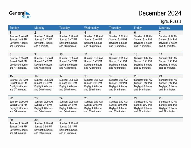 Igra December 2024 sunrise and sunset calendar in PDF, Excel, and Word