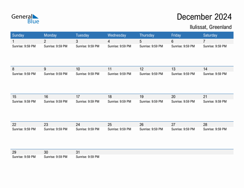 Ilulissat December 2024 sunrise and sunset calendar in PDF, Excel, and Word