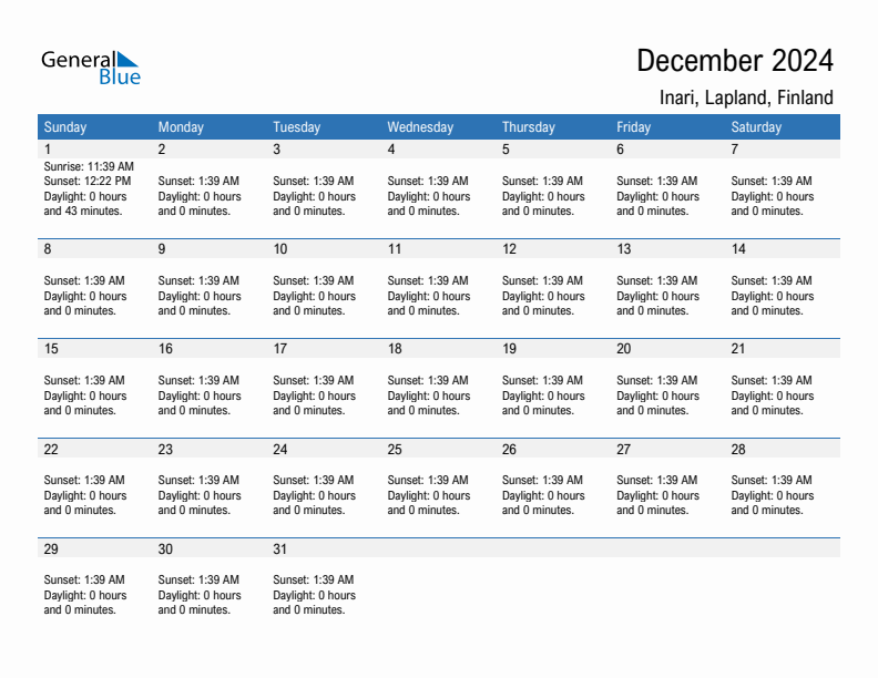 Inari December 2024 sunrise and sunset calendar in PDF, Excel, and Word