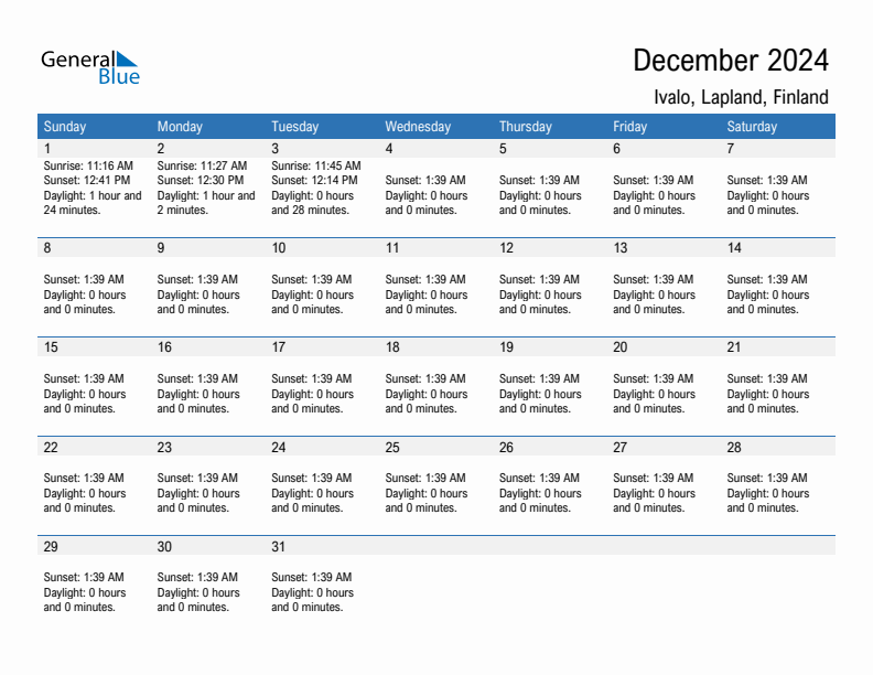 Ivalo December 2024 sunrise and sunset calendar in PDF, Excel, and Word