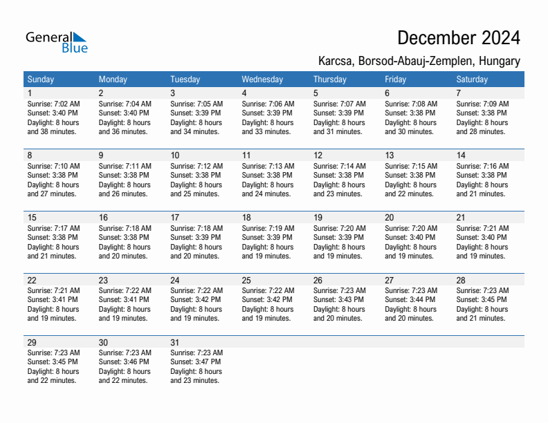 Karcsa December 2024 sunrise and sunset calendar in PDF, Excel, and Word