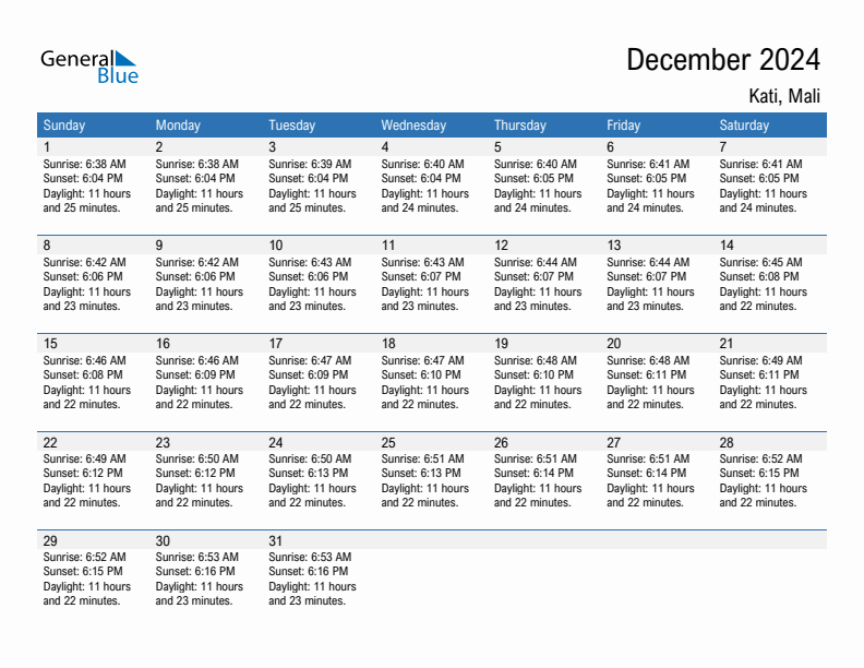 Kati December 2024 sunrise and sunset calendar in PDF, Excel, and Word