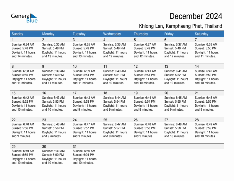 Khlong Lan December 2024 sunrise and sunset calendar in PDF, Excel, and Word