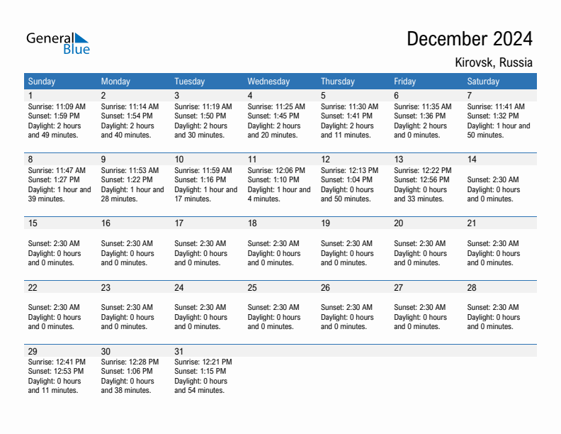 Kirovsk December 2024 sunrise and sunset calendar in PDF, Excel, and Word