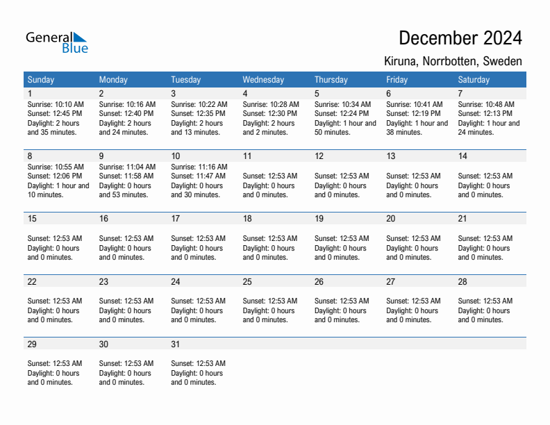 Kiruna December 2024 sunrise and sunset calendar in PDF, Excel, and Word