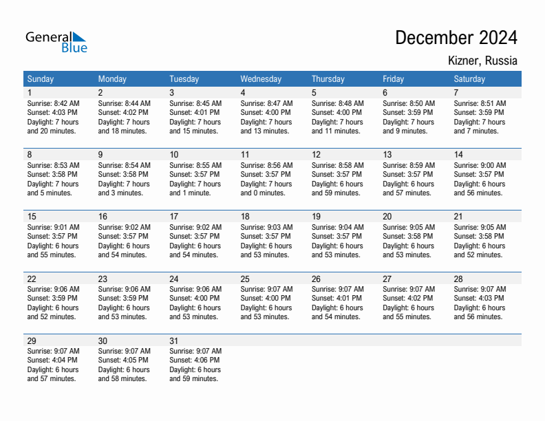 Kizner December 2024 sunrise and sunset calendar in PDF, Excel, and Word