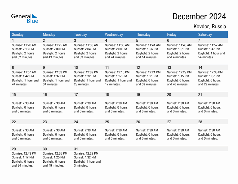 Kovdor December 2024 sunrise and sunset calendar in PDF, Excel, and Word