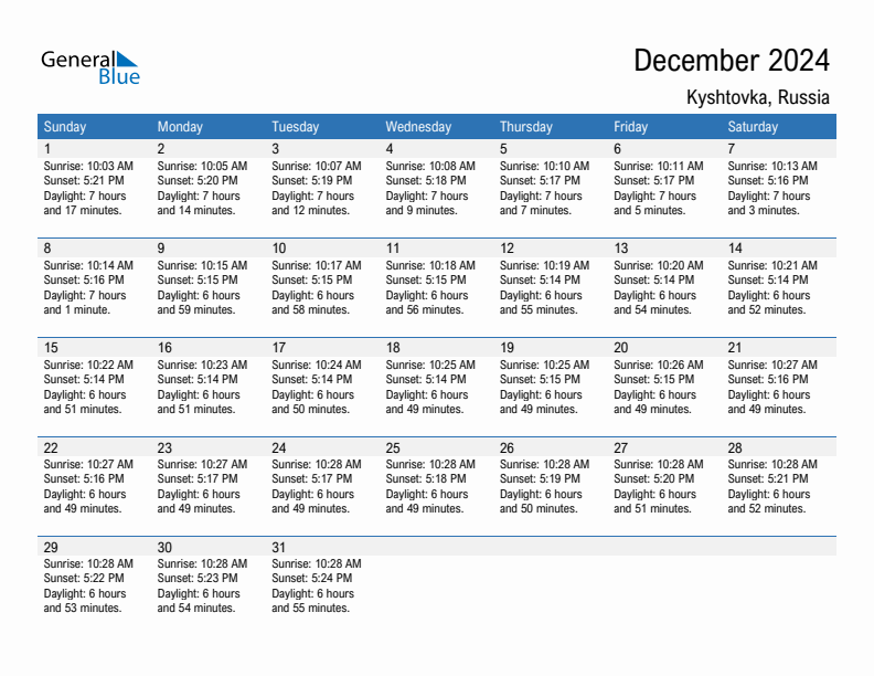 Kyshtovka December 2024 sunrise and sunset calendar in PDF, Excel, and Word