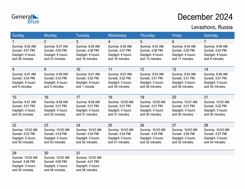 Levashovo December 2024 sunrise and sunset calendar in PDF, Excel, and Word