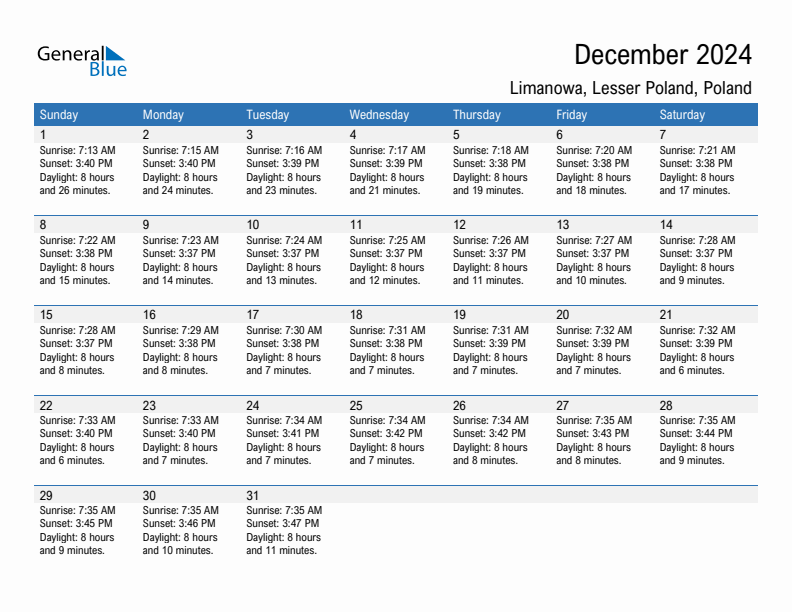 Limanowa December 2024 sunrise and sunset calendar in PDF, Excel, and Word