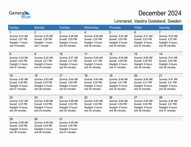 Limmared December 2024 sunrise and sunset calendar in PDF, Excel, and Word