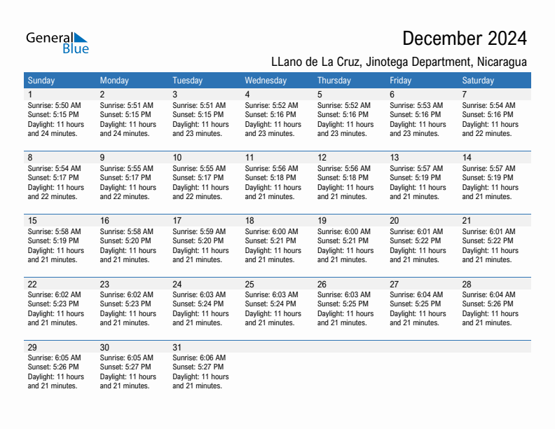 LLano de La Cruz December 2024 sunrise and sunset calendar in PDF, Excel, and Word