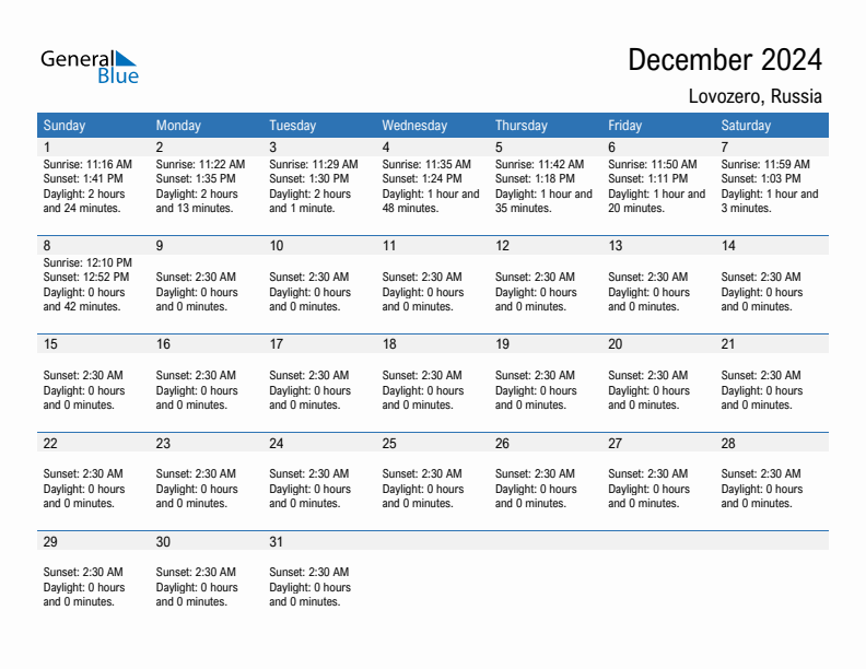 Lovozero December 2024 sunrise and sunset calendar in PDF, Excel, and Word