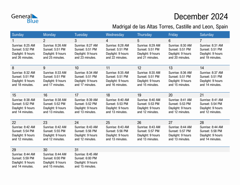 Madrigal de las Altas Torres December 2024 sunrise and sunset calendar in PDF, Excel, and Word