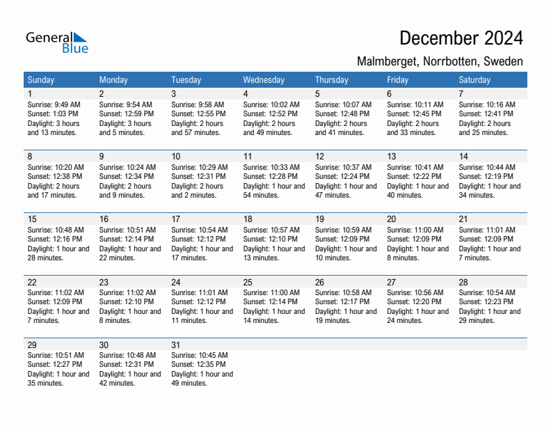 Malmberget December 2024 sunrise and sunset calendar in PDF, Excel, and Word