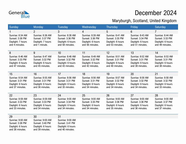 Maryburgh December 2024 sunrise and sunset calendar in PDF, Excel, and Word