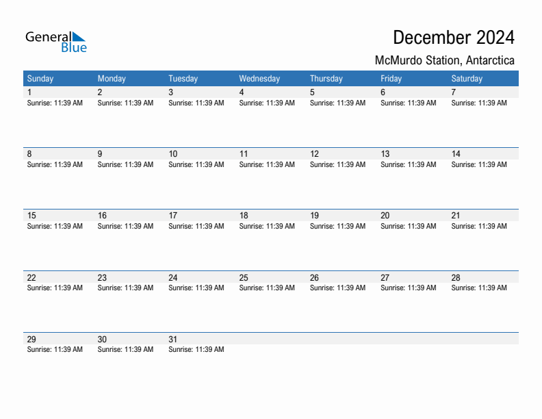 McMurdo Station December 2024 sunrise and sunset calendar in PDF, Excel, and Word