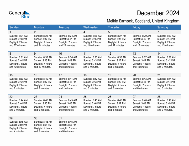 Meikle Earnock December 2024 sunrise and sunset calendar in PDF, Excel, and Word