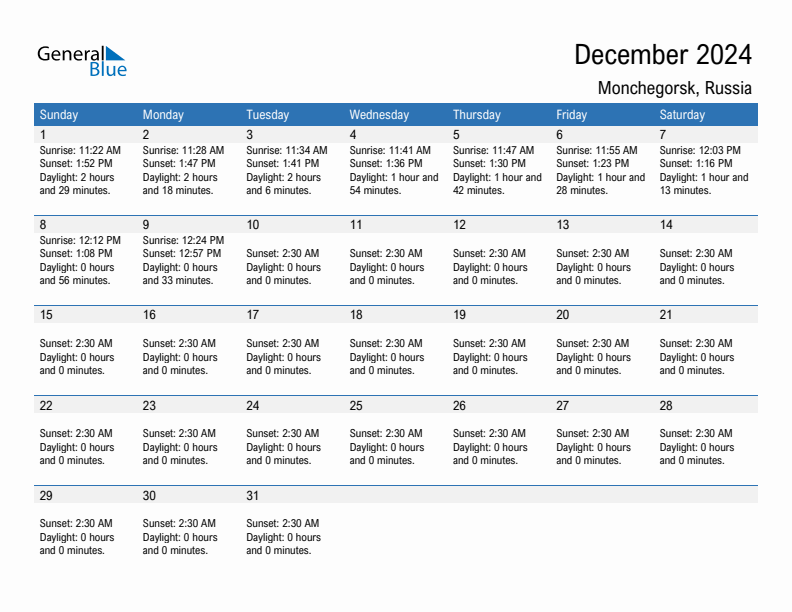 Monchegorsk December 2024 sunrise and sunset calendar in PDF, Excel, and Word